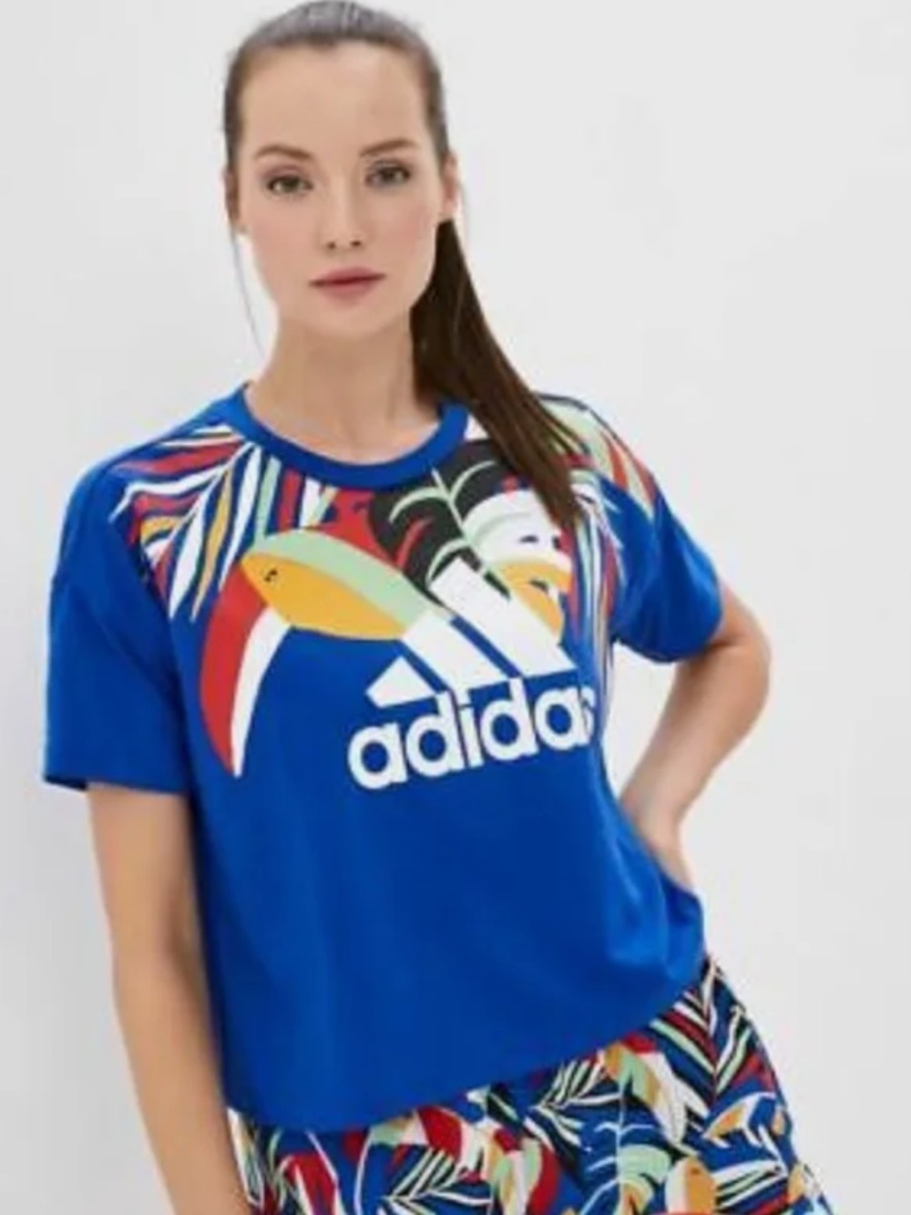 adidas x farm r Blue Tropical Graphic Crop Tee with White Logo boxy medium